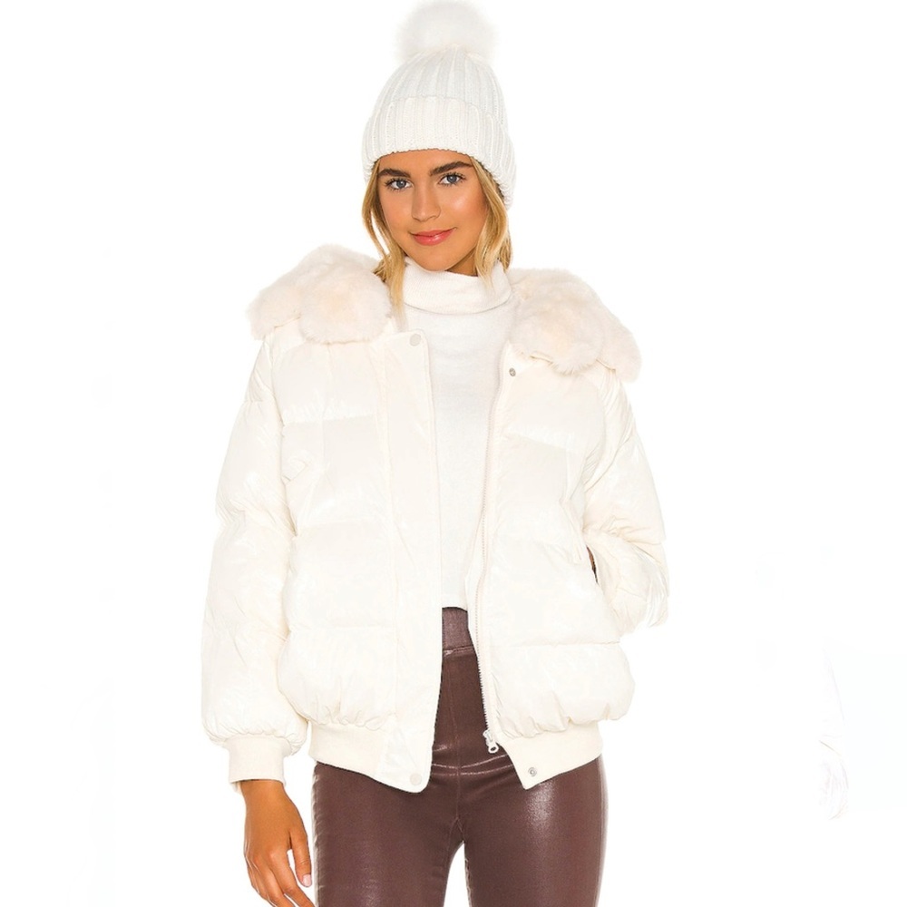 Revolve White Puffer Jacket with Faux Fur Collar
